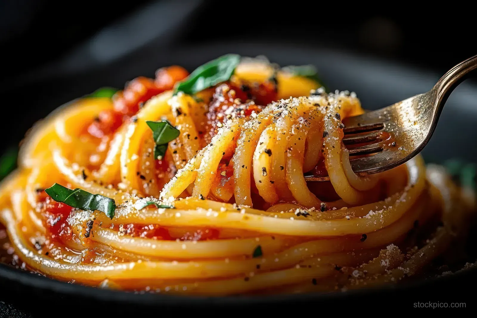 Fork holding spaghetti with tomato sauce, basil leaves, grated cheese, and cracked black pepper in a dark bowl.