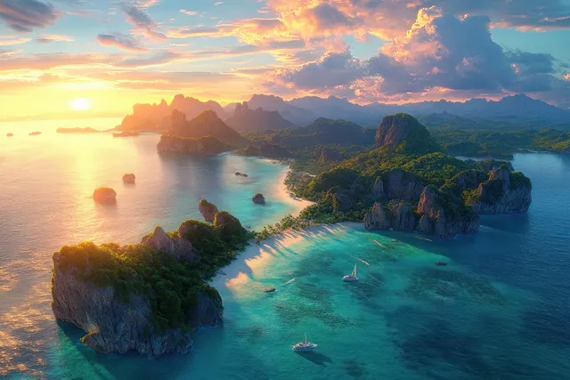 Aerial view of a tropical island coastline at sunset with turquoise water, lush hills, rocky formations, and sailboats.