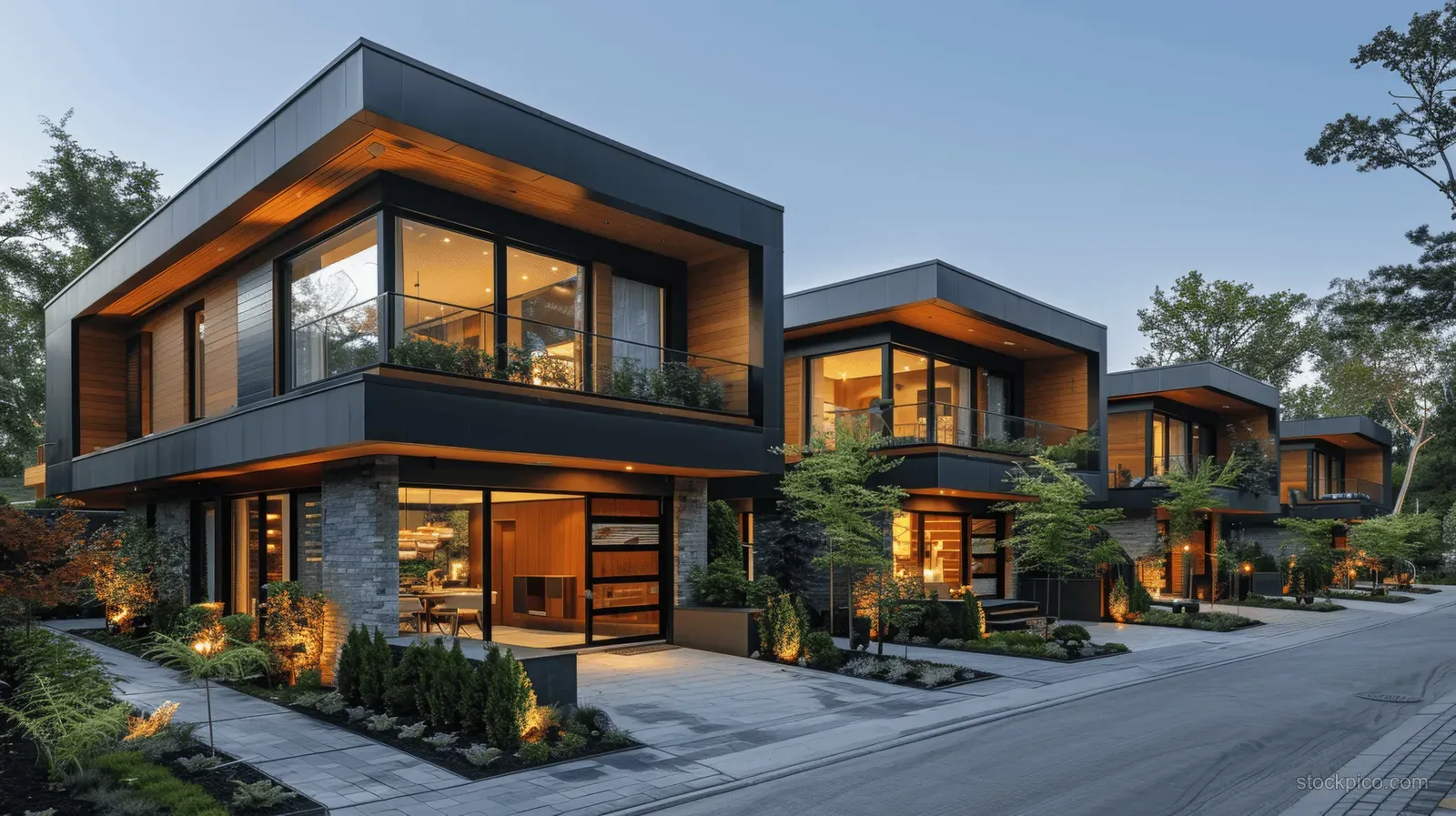 Modern black townhouses with wooden balconies and lit windows line a quiet evening street.