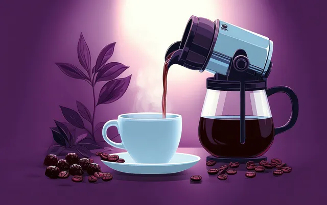 Steam rises as a drip coffee maker pours hot coffee into a white cup beside roasted beans and dark purple leaves.