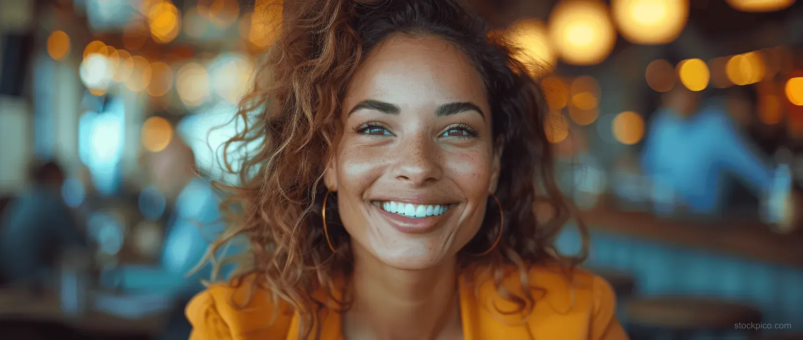 A smiling woman with curly hair and freckles in a yellow jacket stands indoors with warm blurred café lights behind her.