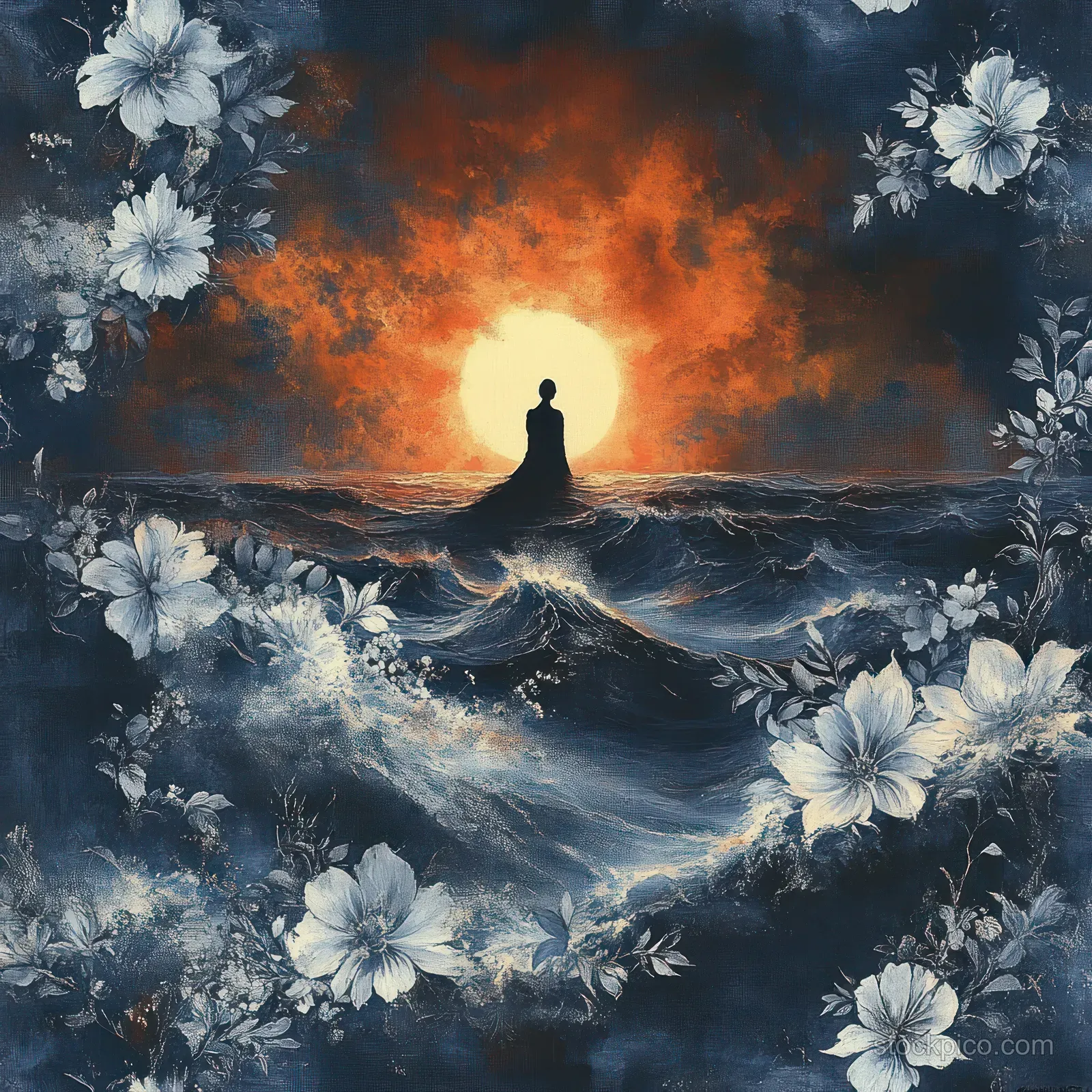 A black silhouette meditates on ocean waves under a fiery sun, surrounded by white flowers on dark blue.