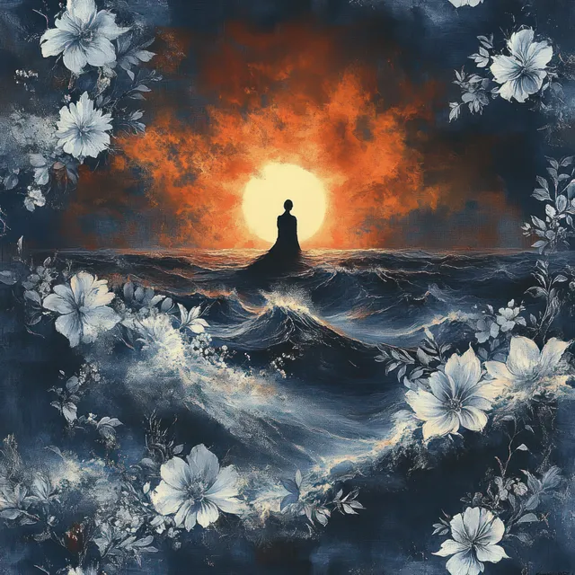 A black silhouette meditates on ocean waves under a fiery sun, surrounded by white flowers on dark blue.