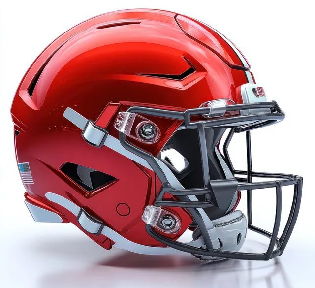 Shiny red American football helmet with black faceguard and small flag sticker on white backdrop