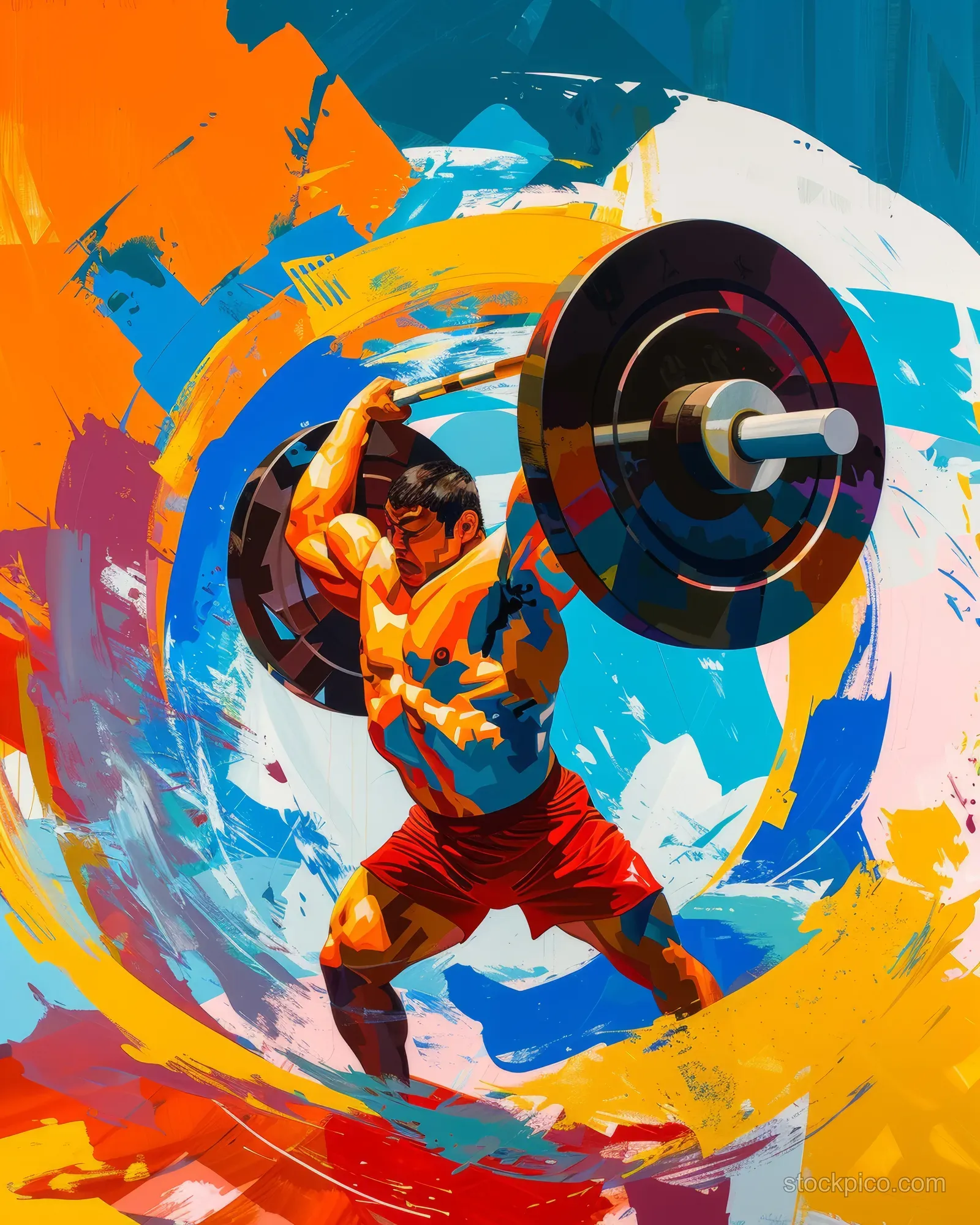 A Chinese weightlifter mid-lift raises a barbell with 109 kg plates amid swirling paint splashes.