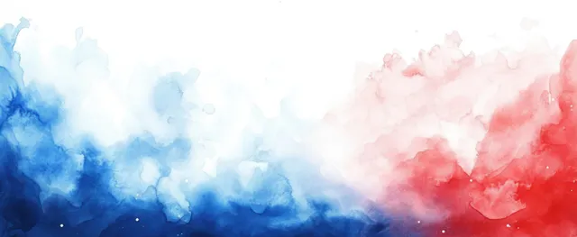 Abstract watercolor background with red and blue paint splashes and soft white glowing haze.