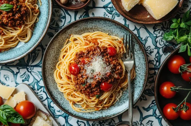 Spaghetti on a blue patterned plate topped with meat sauce, cherry tomatoes, basil leaves, and Parmesan shavings.