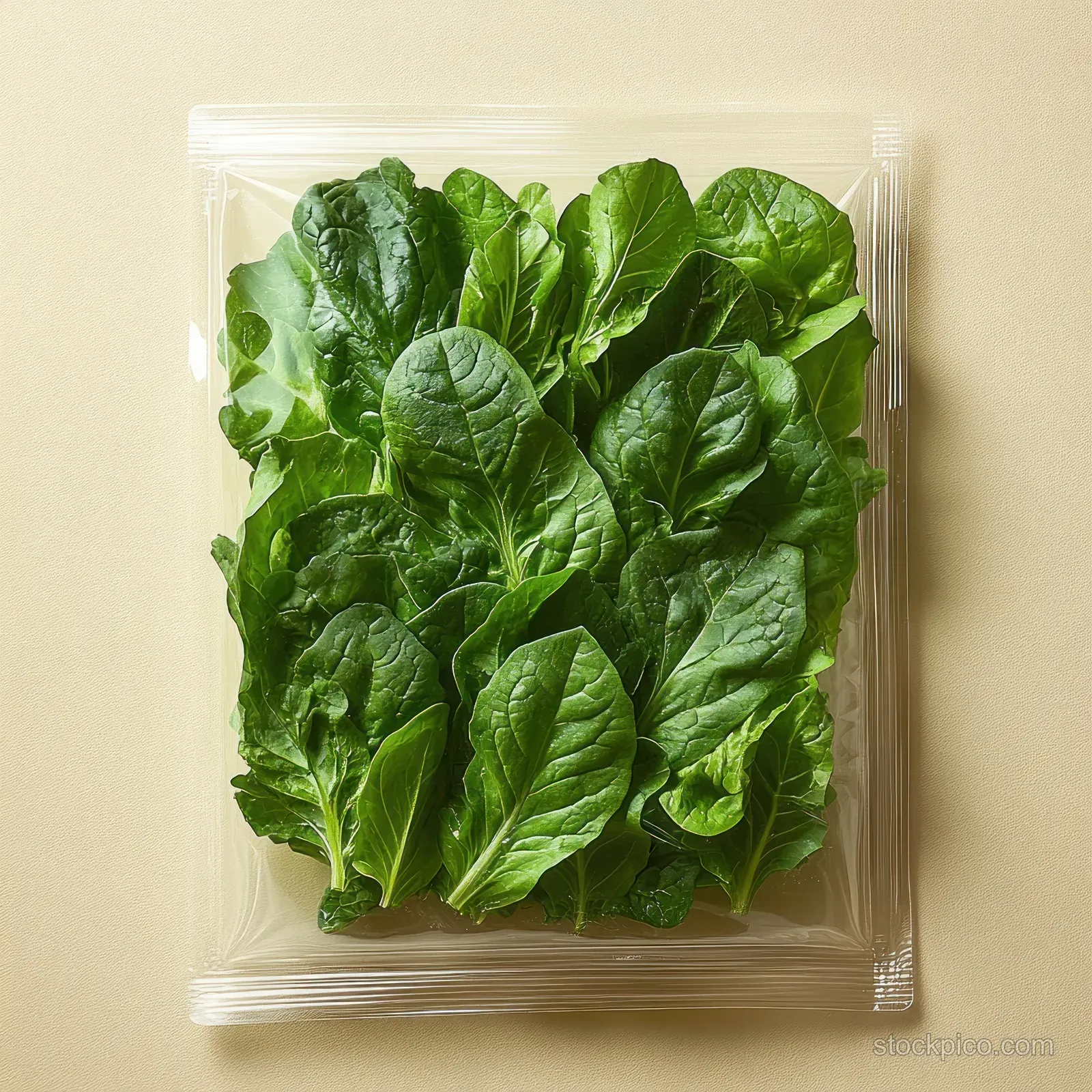 Fresh spinach leaves are sealed inside a clear plastic bag on a light beige background.