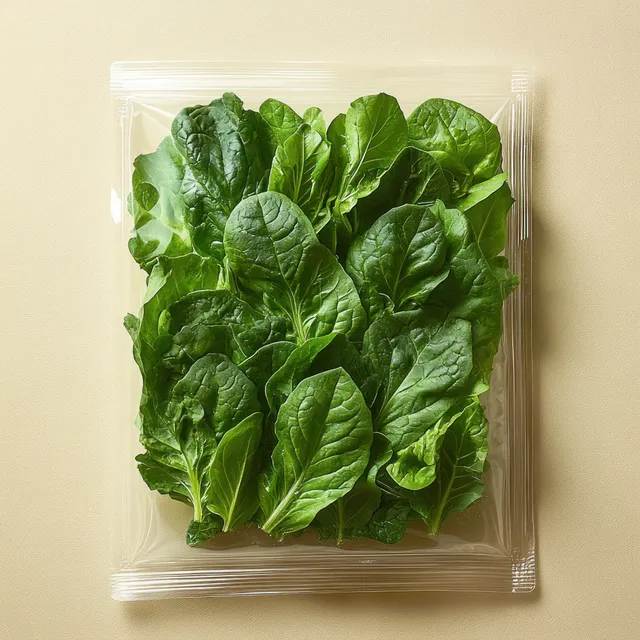 Fresh spinach leaves are sealed inside a clear plastic bag on a light beige background.