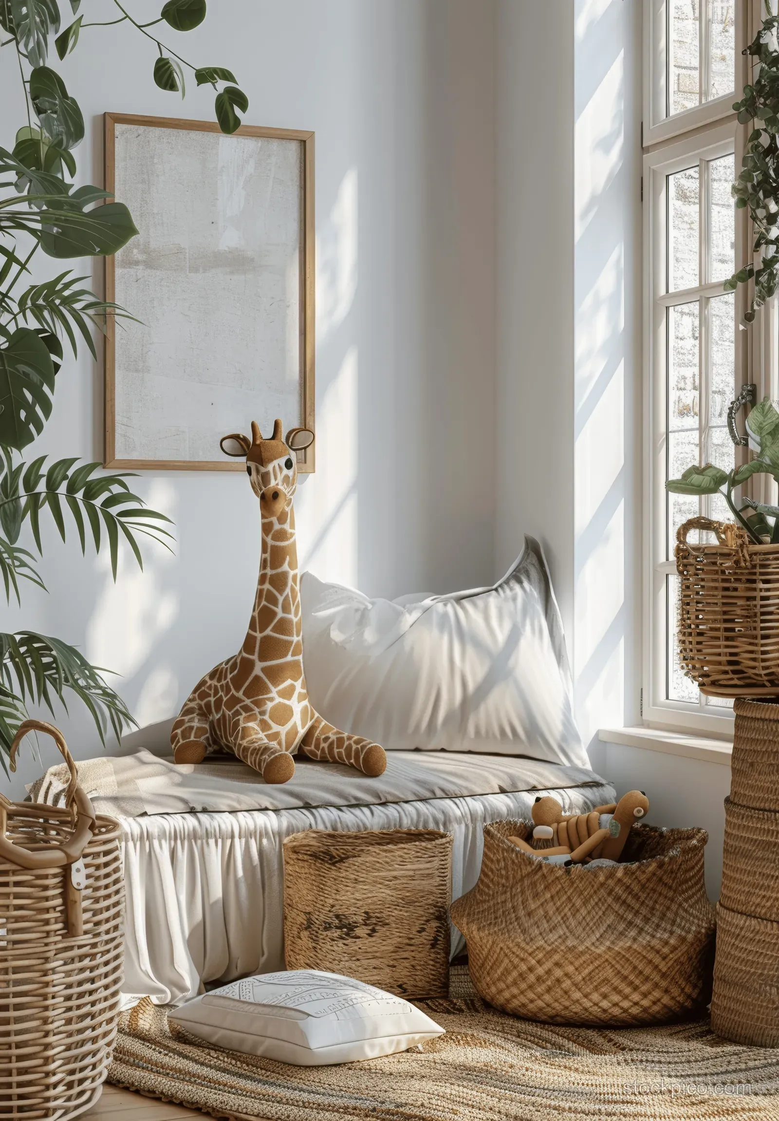 Framed poster mockup hangs in a Scandinavian kids room beside a white bed with a wooden giraffe toy and woven baskets.
