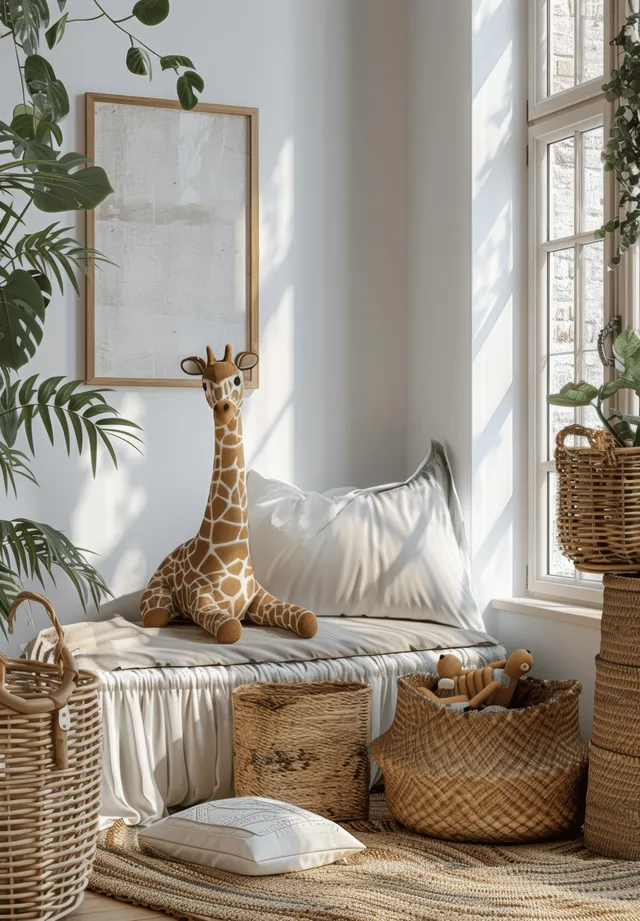Scandinavian kids room with giraffe toy and framed poster mockup on white bed