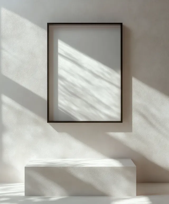 Minimalist poster frame on a wall with soft natural light casting geometric shadows.