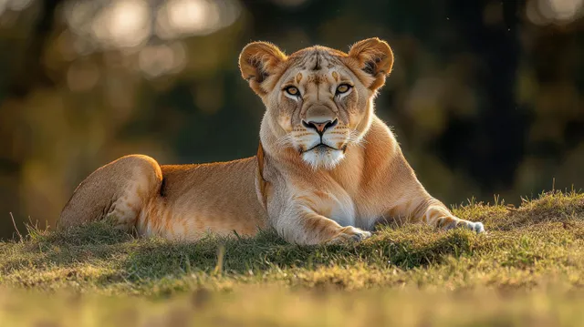 A lioness rests on grassy savanna, lit by warm sunlight with alert eyes and a blurred nature background.