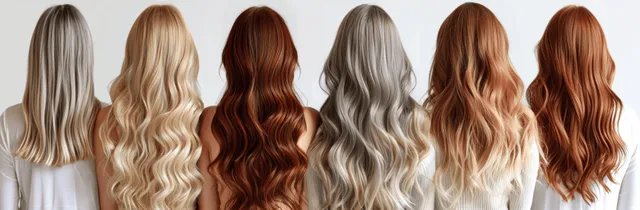 Rear view of women showing long wavy dyed hair in multiple colors against a white background.
