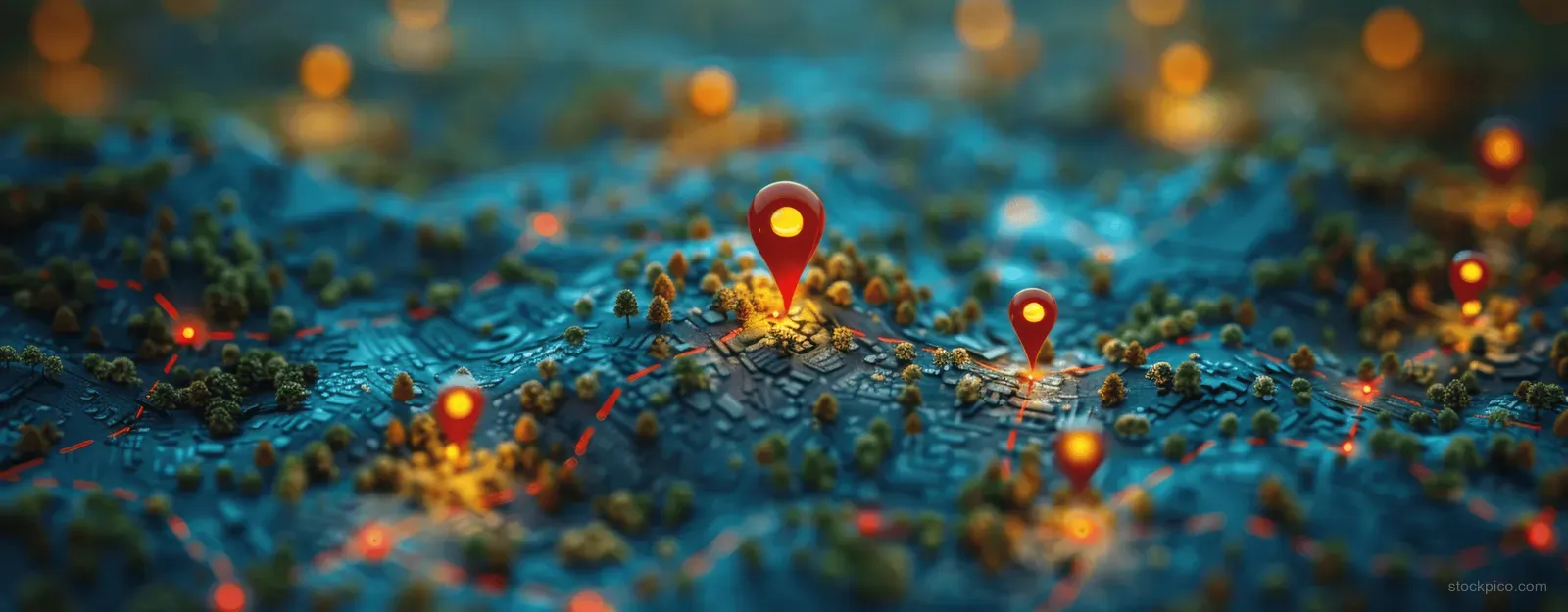 Glowing GPS pins hover over a textured city map, suggesting taxi navigation and real-time route tracking.