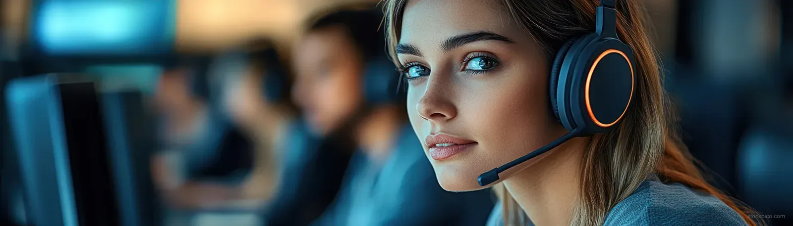 Young woman in a headset microphone working in a dim office with blurred operators in the background.