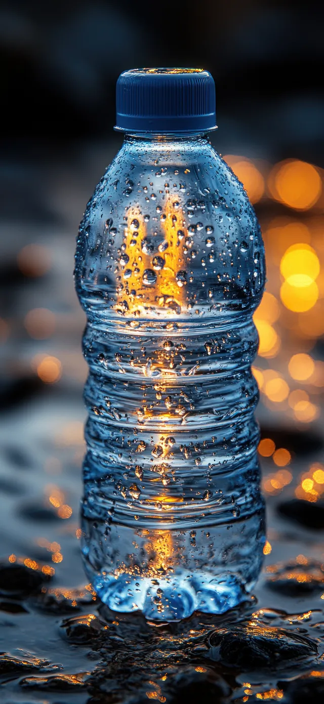 Blue water bottle with water droplets and visible bubbles standing on a wet dark surface.