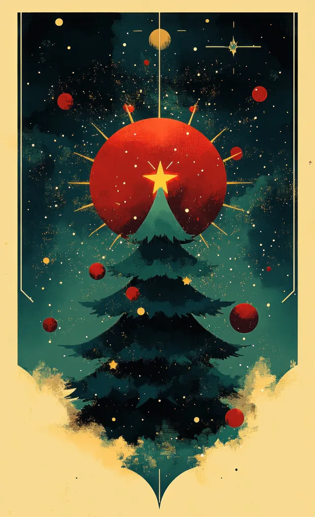 Cosmic Christmas tree silhouette with a glowing star topper floating among red planets in a dark space scene.