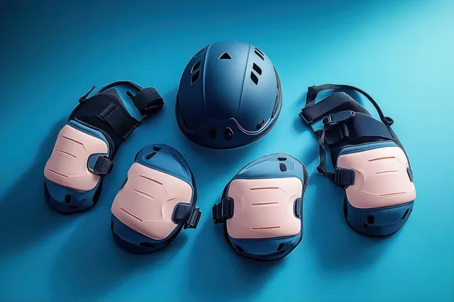 Blue helmet and pink knee, elbow, and wrist pads are neatly arranged on a turquoise background.