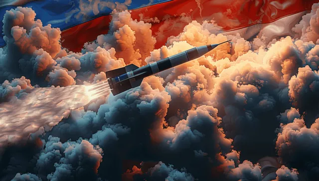 A cruise missile emerges from burning smoke above a Russian flag in dramatic cloud-lit 3D artwork.