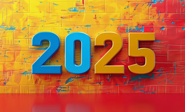 3D 2025 number floating over red and yellow festive wall texture background