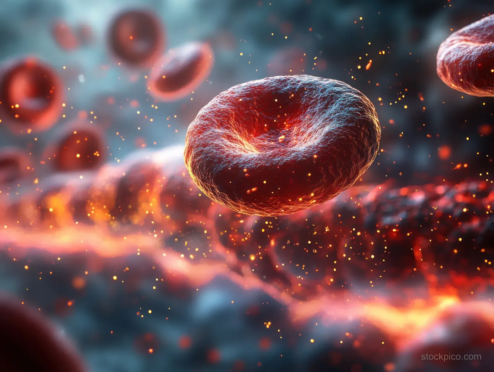 Macrophage cell interacting with red blood cells as glowing cytokine particles surround them in a viral infection scene.