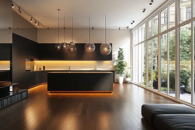 Modern kitchen and living room interior with dark cabinetry, hardwood floors, central island, and large sunlit windows.
