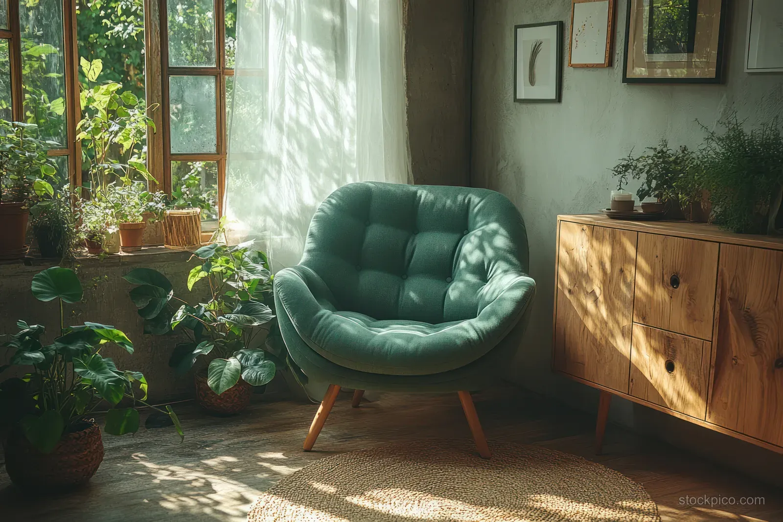 Cozy Scandinavian living room corner with a plush armchair, wooden console, and soft natural light filtering through sheer curtains.