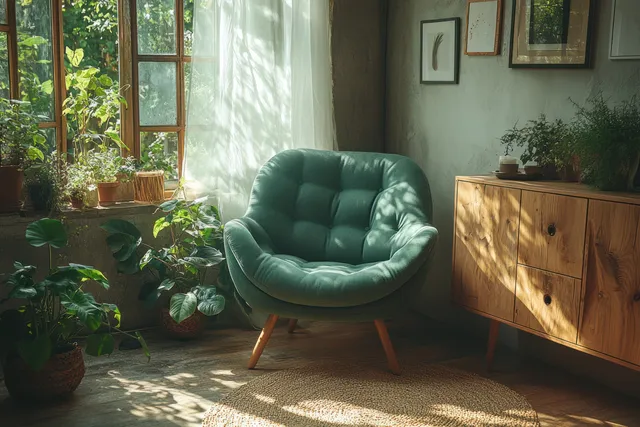 Cozy Scandinavian living room corner with a plush armchair, wooden console, and soft natural light filtering through sheer curtains.
