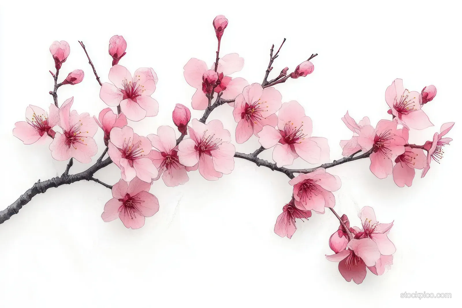 Pink cherry blossom branch with buds and blooming flowers on a white background.