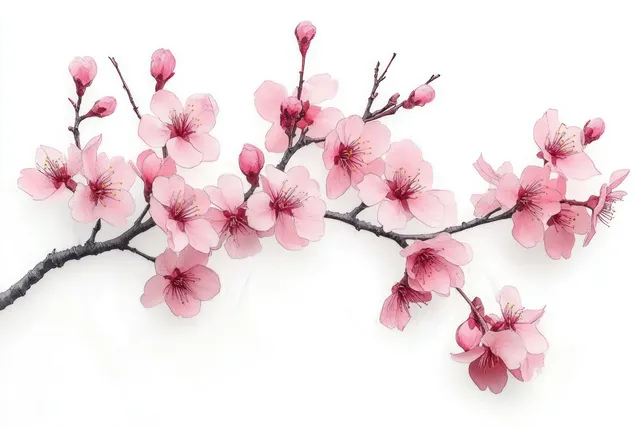 Pink cherry blossom branch with buds and open flowers on white background with Nature Close Up