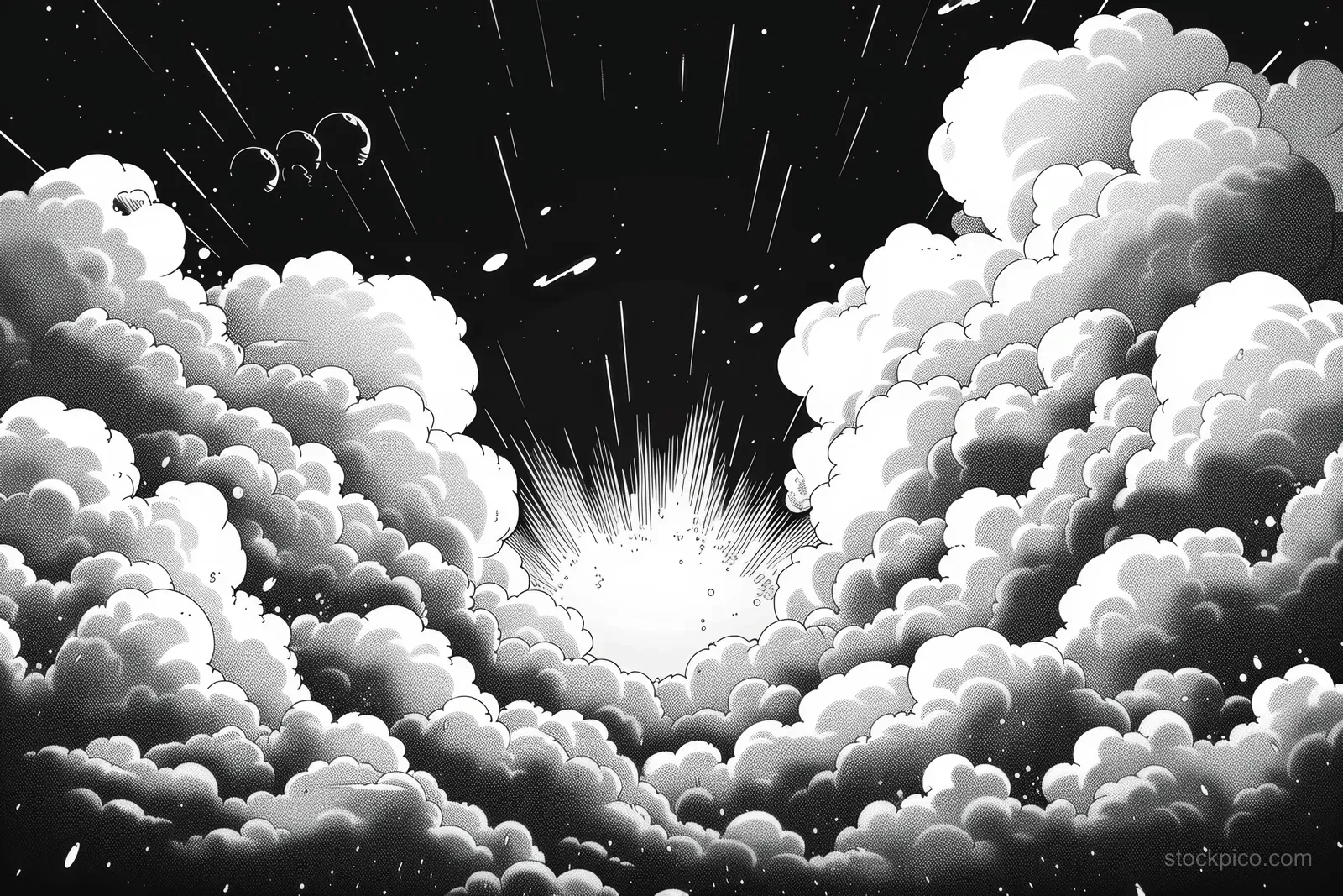 Comic speech bubble explosion bursting from a center with halftone clouds and radiating rays on black background.