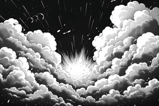 Comic speech bubble explosion bursting from a center with halftone clouds and radiating rays on black background.