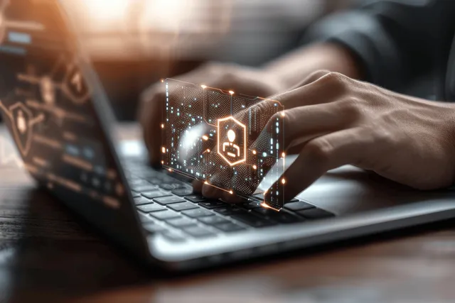 Hands Typing on Laptop with Digital Security Lock Interface