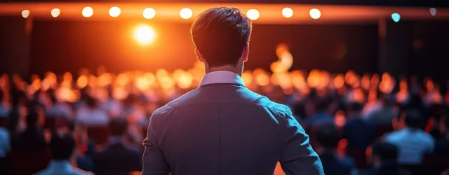 Tech entrepreneur speaks on stage with spotlights while an audience sits in a conference auditorium.