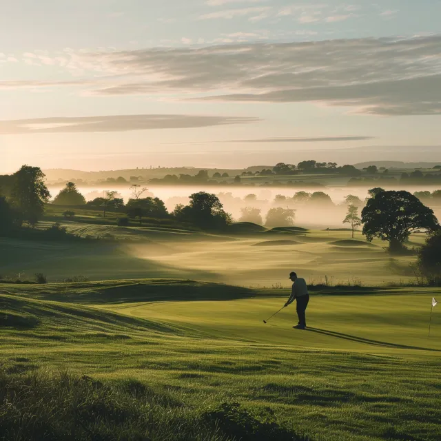 Golfer practicing a swing on a misty Irish morning golf course at sunrise