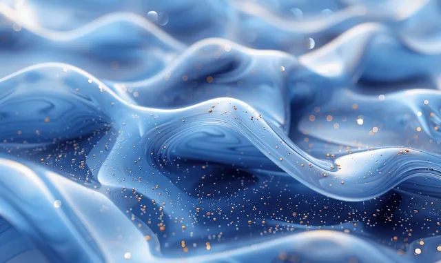 Abstract blue liquid surface with glossy wavy ripples and floating specks.