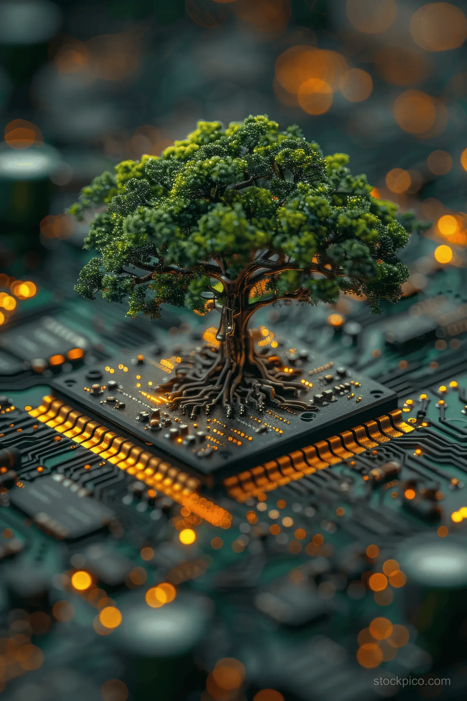 A green tree sprouts from a computer chip, with roots intertwined in glowing circuit lines and warm bokeh lights behind.