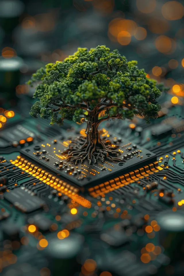 A green tree sprouts from a computer chip, with roots intertwined in glowing circuit lines and warm bokeh lights behind.