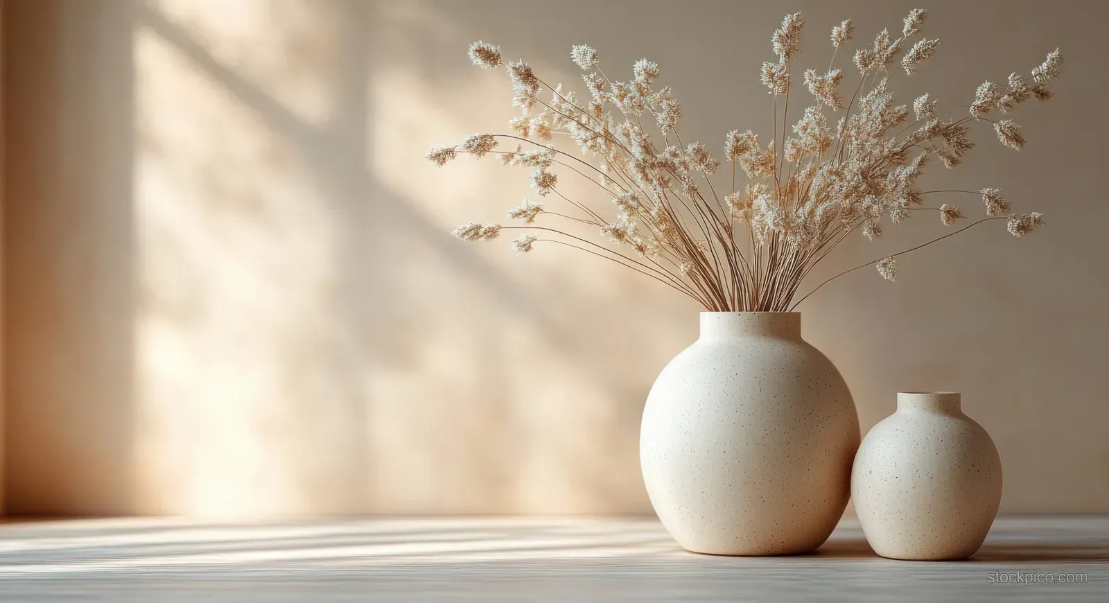 Two round ceramic vases on a wooden surface with delicate dried flowers under soft natural light.