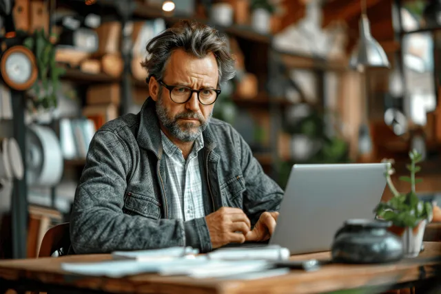 A manager sits at an office desk writing notes while working on a laptop for online research.