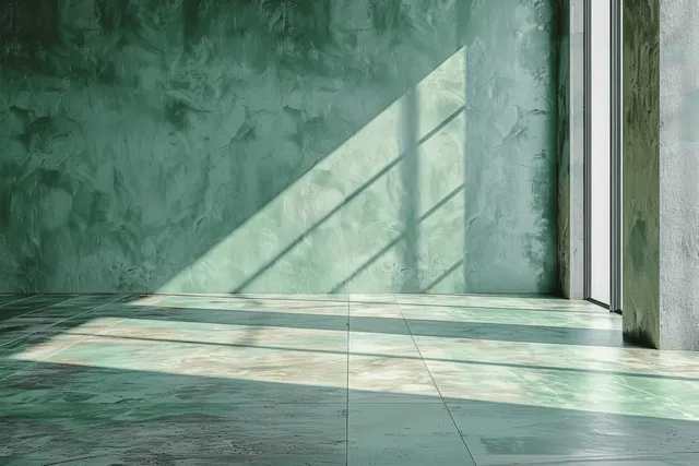 Sunlight beams from a window cast sharp shadows across a green textured wall and tiled floor.
