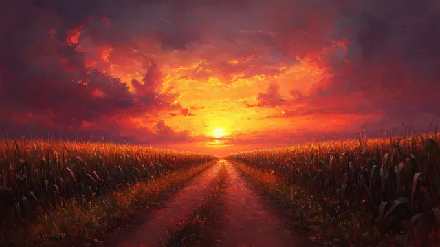 Sunset pathway through cornfield with glowing sun on horizon and warm summer sky