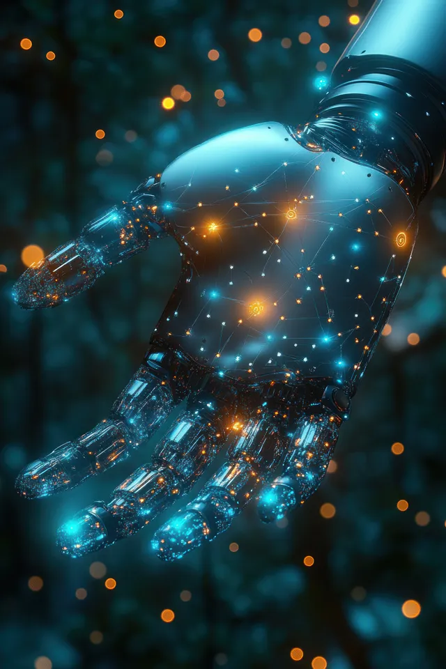 Futuristic robotic hand surrounded by glowing blue and orange network nodes and connecting lines in a dark background.