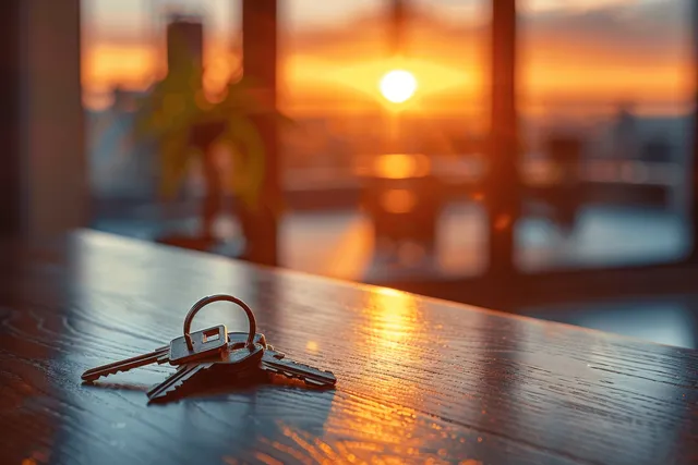 Apartment keys lying on a wooden table with warm sunset sunlight visible through large windows in the room.