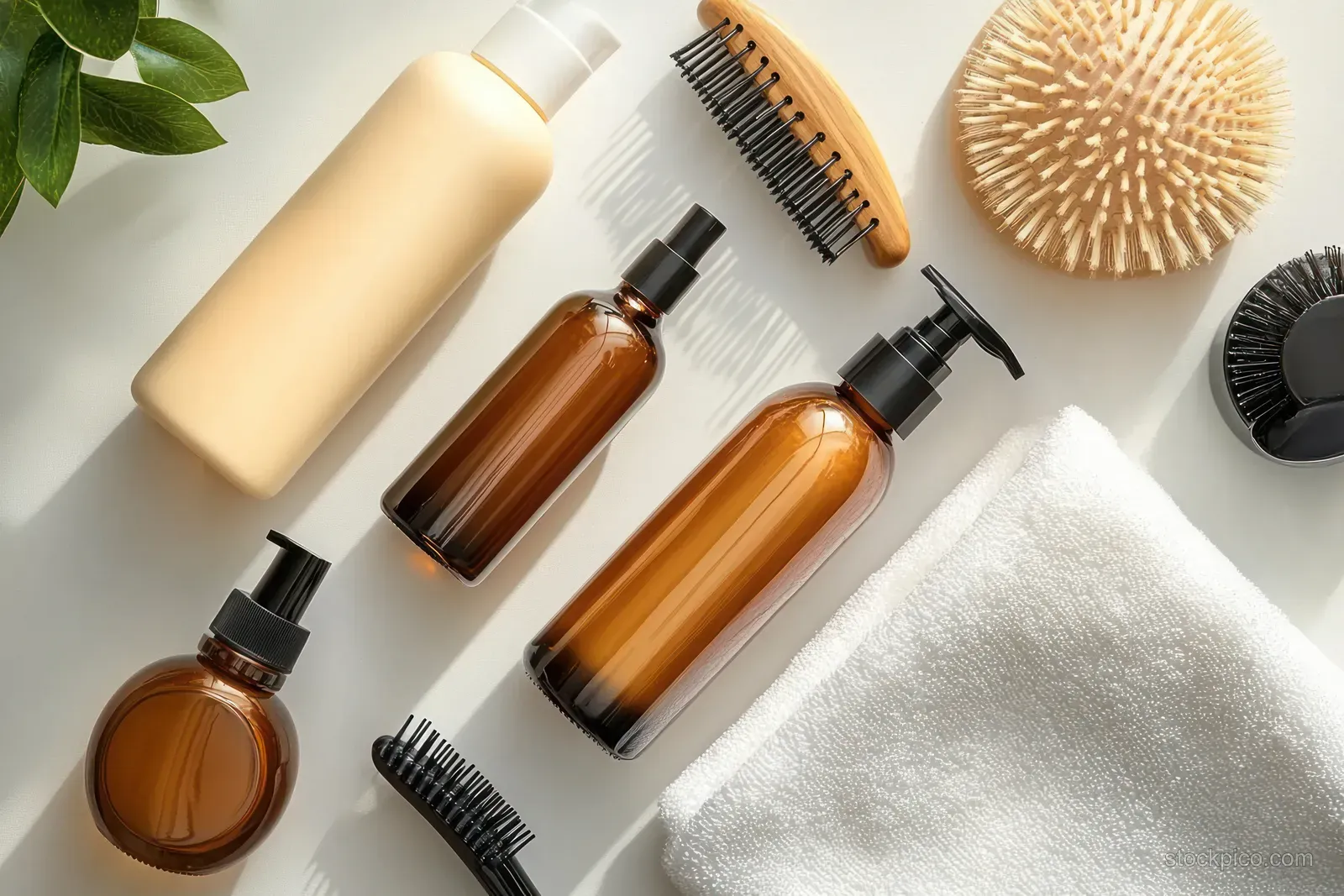 Amber and beige hair care bottles with hairbrushes and a folded white towel arranged on a light surface.