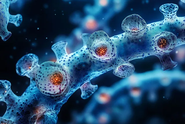 Blue translucent virus-like cells float with glowing orange cores in dark space