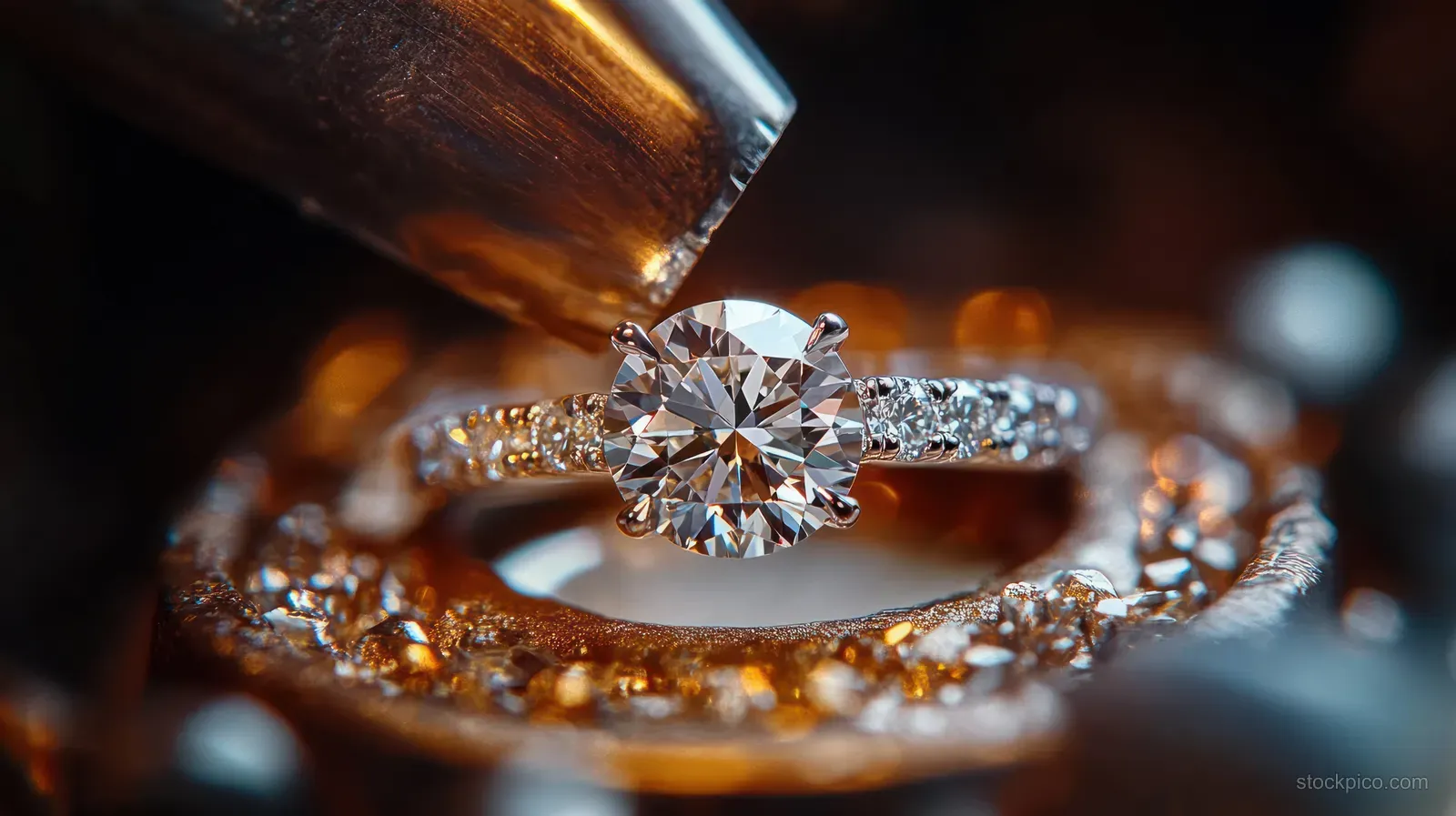 A diamond ring is held by metal tweezers, showing crisp facets and small stones glowing in warm light.