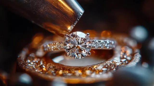 A diamond ring is held by metal tweezers, showing crisp facets and small stones glowing in warm light.