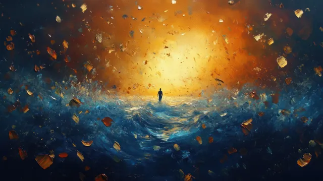 A lone silhouette stands in stormy blue water as golden fragments float under a glowing orange sky.